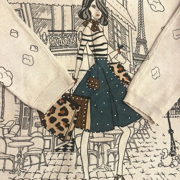 Womens Novelty Graphic Sweater Sz S Beige Parisian Girl Embellished Cute Artsy - Picture 3 of 15